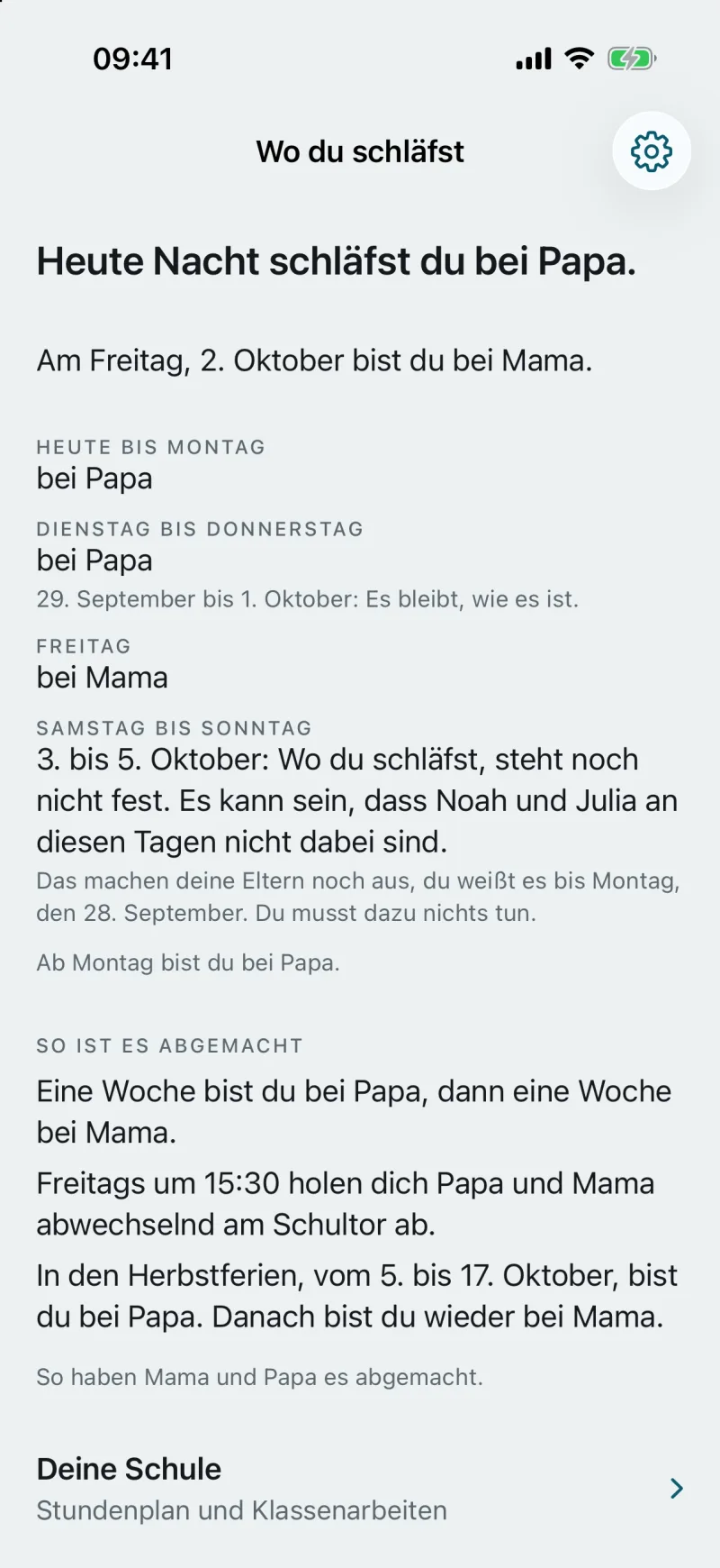 Kinderansicht aus der App: Wo du schläfst, der Wochenplan und eine offene Änderung für Jonas, Noah und Julia.