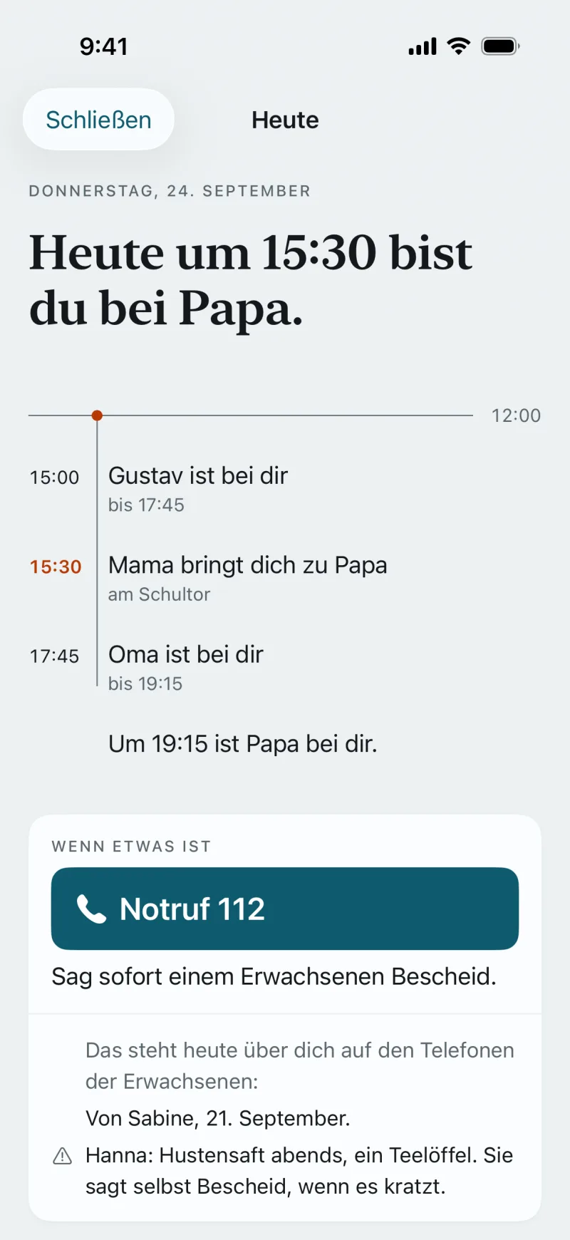 Noahs Ansicht auf dem Telefon eines Elternteils: Wo du schläfst, die nächsten Wechsel und Hilfe im Notfall.
